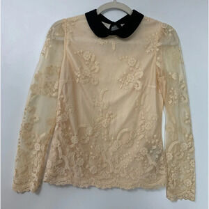 Womens Coquette Nude Blouse Small Sheer Floral Embroidered Overlay Academia